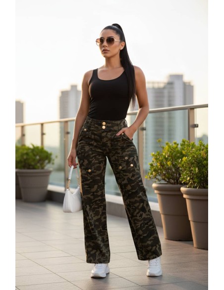 pantalon cargo camuflaje corte recto tiro alto verde delantera pb7675