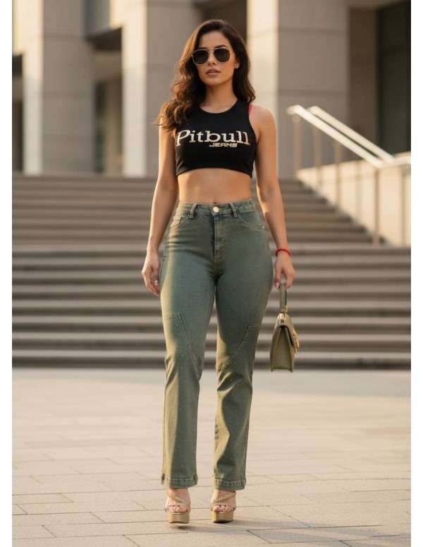 pantalon colombiano pitbull con brillos delantera verde pc7728